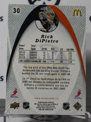 RICK DIPIETRO # 30 UPPER DECK McDONALD'S 2008-09 HOCKEY GOALTENDER NEW YORK ISLANDERS CARD