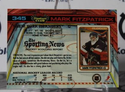 MARK FITZPATRICK # 345 TOPPS STADIUM CLUB 1991-92 HOCKEY NHL GOALTENDER  NEW YORK ISLANDERS CARD