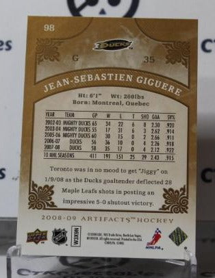 JEAN-SEBASTIEN GIGUERE # 98 UPPER DECK ARTIFACTS  2008-09 HOCKEY NHL GOALTENDER ANAHEIM DUCKS CARD