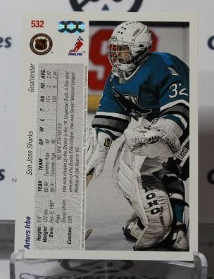 ARTURS IRBE # 532 UPPER DECK 1991-92 HOCKEY NHL GOALTENDER SAN JOSE SHARKS CARD