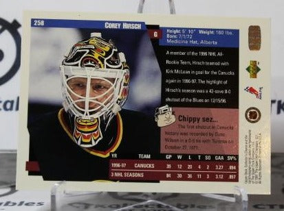 COREY HIRSCH # 258 UPPER DECK 1997-98 HOCKEY NHL GOALTENDER VANCOUVER CANUCKS CARD