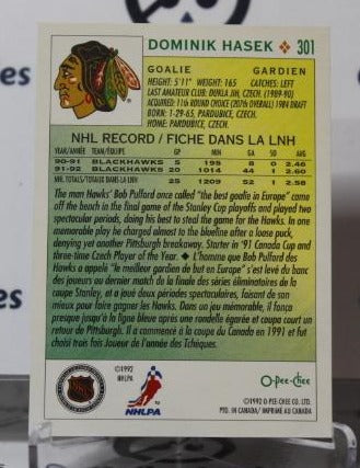 DOMINIK HASEK # 301 O-PEE CHEE 1992-93 HOCKEY GOALTENDER CHICAGO BLACKHAWKS CARD