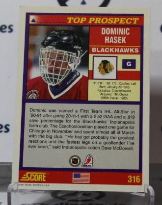 DOMINIK HASEK # 316 SCORE ROOKIE 1991-92 HOCKEY GOALTENDER CHICAGO BLACKHAWKS CARD