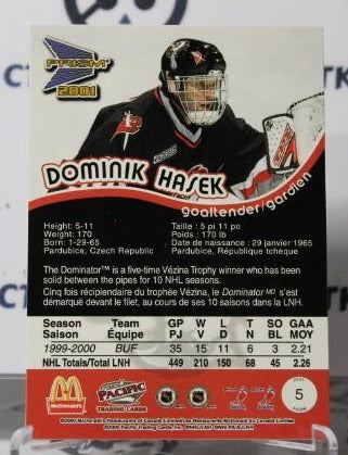 DOMINIK HASEK # 5 PACIFIC McDONALD'S 2000-01 HOCKEY NHL GOALTENDER BUFFALO SABRES CARD