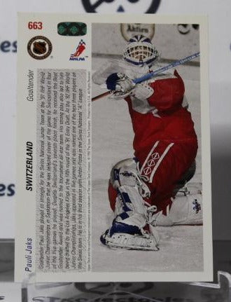 PAULI JAKS # 663 ROOKIE UPPER DECK 1991-92 HOCKEY NHL GOALTENDER (Switzerland National Team) CARD