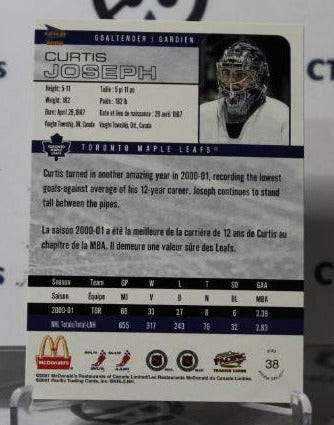 CURTIS JOSEPH  # 38 PACIFIC McDONALD'S 2001-02 HOCKEY NHL GOALTENDER TORONTO MAPLE LEAF CARD