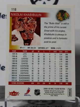 NIKOLAI KHABIBULIN # 118 FLEER ULTRA 2008-09 HOCKEY NHL GOALTENDER CHICAGO BLACKHAWKS CARD