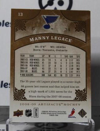 MANNY LEGACE # 13 UPPER DECK ARTIFACTS  2008-09 HOCKEY GOALTENDER ST. LOUIS BLUES CARD