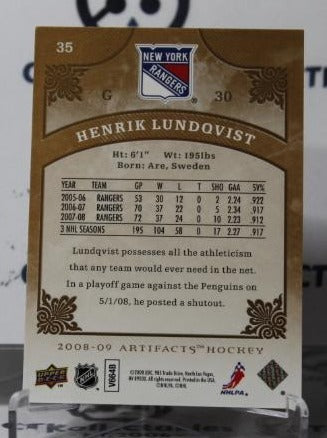 HENRIK LUNDQVIST # 35 UPPER DECK ARTIFACT 2008-09 HOCKEY GOALTENDER NEW YORK RANGERS CARD