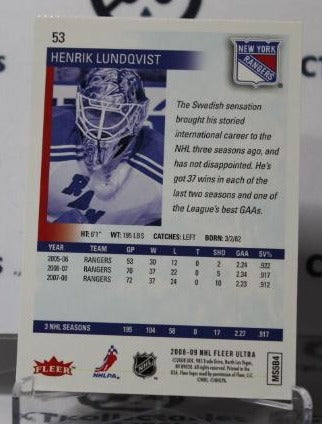 HENRIK LUNDQVIST # 53 FLEER ULTRA 2008-09 HOCKEY GOALTENDER NEW YORK RANGERS CARD