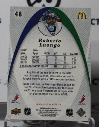 ROBERTO LUONGO # 48 UPPER DECK McDonald's 2008-09  HOCKEY GOALTENDER VANCOUVER CANUCKS CARD