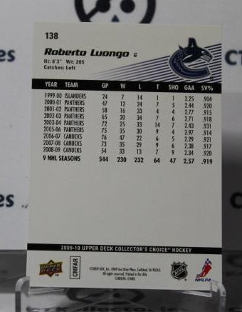 ROBERTO LUONGO # 138 UPPER DECK 2009-10  HOCKEY GOALTENDER VANCOUVER CANUCKS CARD