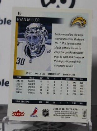 RYAN MILLER # 16 FLEER ULTRA 2008-09 HOCKEY NHL GOALTENDER BUFFALO SABRES CARD