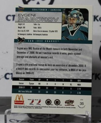 EVGENI NABOKOV # 35 PACIFIC McDONALD'S  2001-02 HOCKEY NHL GOALTENDER SAN JOSE SHARKS CARD