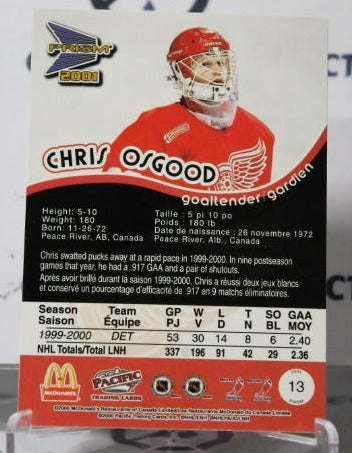 CHRIS OSGOOD # 13 PACFIC McDONALD'S 2000-01 HOCKEY NHL GOALTENDER DETROIT RED WINGS CARD