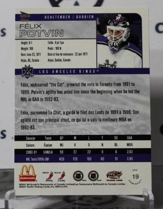 FELIX POTVIN # 19 PACIFIC McDONALD'S 2001-02 HOCKEY NHL GOALTENDER L A KINGS CARD