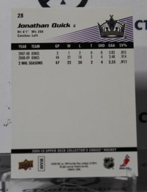 JONATHAN QUICK # 28 UPPER DECK 2009-10 HOCKEYNHL GOALTENDER L A KINGS CARD