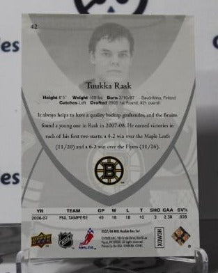 TUUKKA RASK # 42 ROOKIE UPPER DECK 2007-08 HOCKEY GOALTENDER BOSTON BRUINS CARD