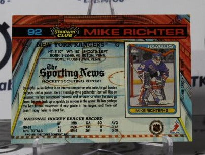 MIKE RICHTER # 92 TOPPS STADIUM CLUB 1991-92 HOCKEY NHL GOALTENDER NEW YORK RANGERS CARD