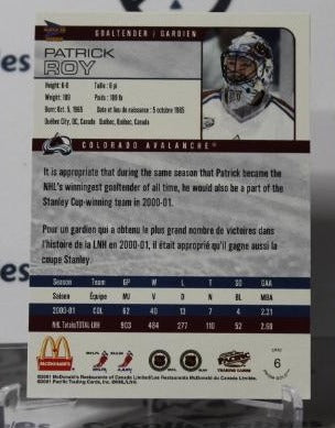 PATRICK ROY # 6 PACIFIC McDONALD'S 2001-02 HOCKEY GOALTENDER COLORADO AVALANCHE CARD