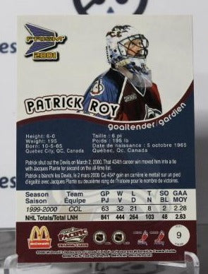 PATRICK ROY # 9 PACIFIC McDONALD'S 2000-01 HOCKEY GOALTENDER COLORADO AVALANCHE CARD