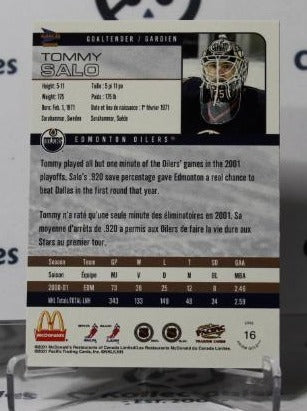 TOMMY SALO # 16 PACIFIC McDONALD'S 2001-02 HOCKEY NHL GOALTENDER  EDMONTON OILERS CARD