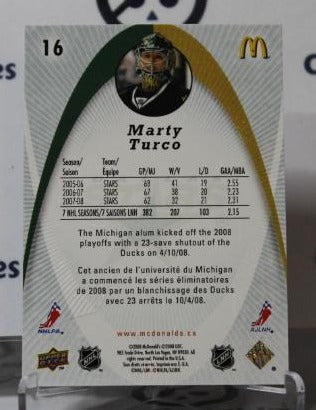 MARTY TURCO # 16 UPPER DECK McDONALD'S 2008-09 HOCKEY NHL GOALTENDER DALLAS STARS CARD