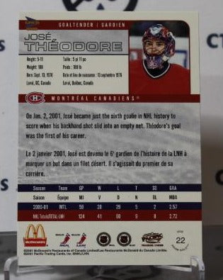 JOSE THEODORE # 22 PACIFIC McDONALD'S 2001-02 HOCKEY NHL GOALTENDER MONTREAL CANADIANS CARD