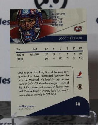 JOSE THEODORE # 48 IN THE GAME 2003-04 HOCKEY NHL GOALTENDER MONTREAL CANADIANS CARD