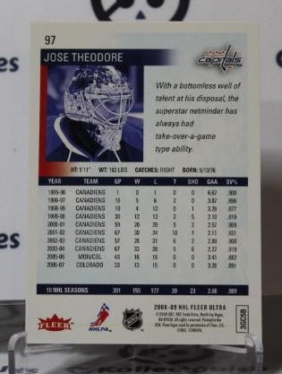 JOSE THEODORE # 97 FLEER ULTRA 2008-09 HOCKEY NHL GOALTENDER COLORADO AVALANCHE CARD