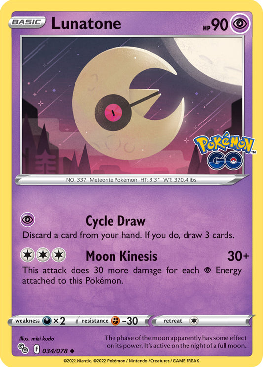 Lunatone Base Card #034/078 2022 Sword & Shield Pokemon Go Pokemon Card