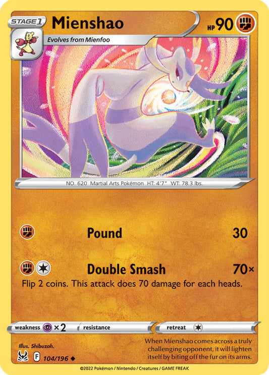 Mienshao Base Card #104/196 2022 Sword & Shield Lost Origin Pokemon Card