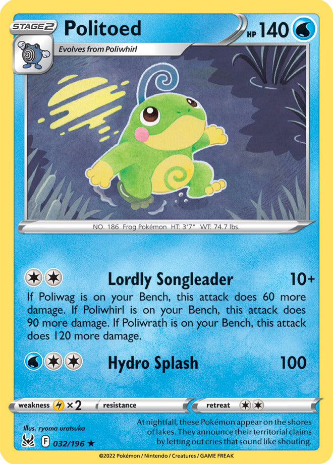 Politoed Rare Base Card #032/196 2022 Sword & Shield Lost Origin Pokemon Card