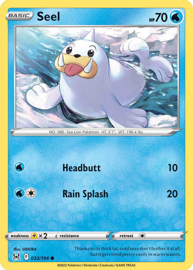 Seel Base Card #033/196 2022 Sword & Shield Lost Origin Pokemon Card