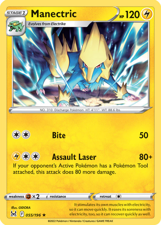 Manectric Rare Base Card #055/196 2022 Sword & Shield Lost Origin Pokemon Card