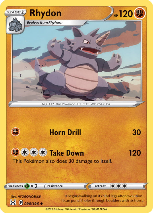 Rhydon Base Card #090/196 2022 Sword & Shield Lost Origin Pokemon Card