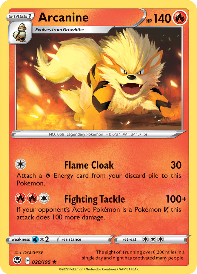 Arcanine Rare Base Card #020/195 2022 Sword & Shield Silver Tempest Pokemon Card