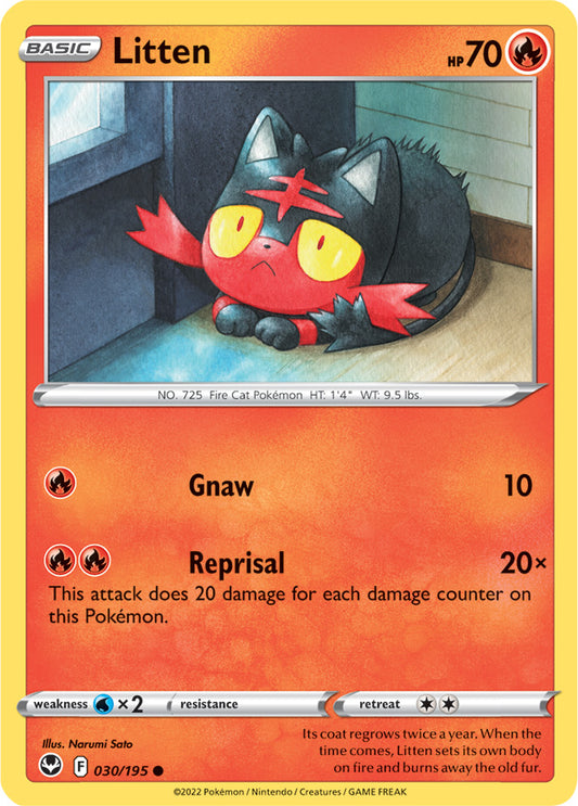 Litten Base Card #030/195 2022 Sword & Shield Silver Tempest Pokemon Card