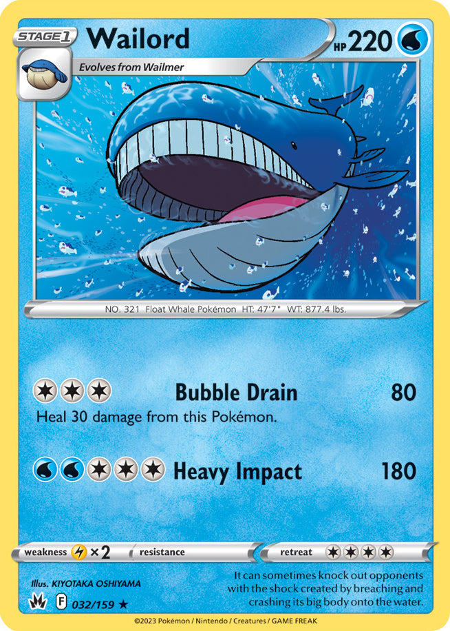 Wailord Rare Base Card #032/159 2023 Crown Zenith Pokemon Card