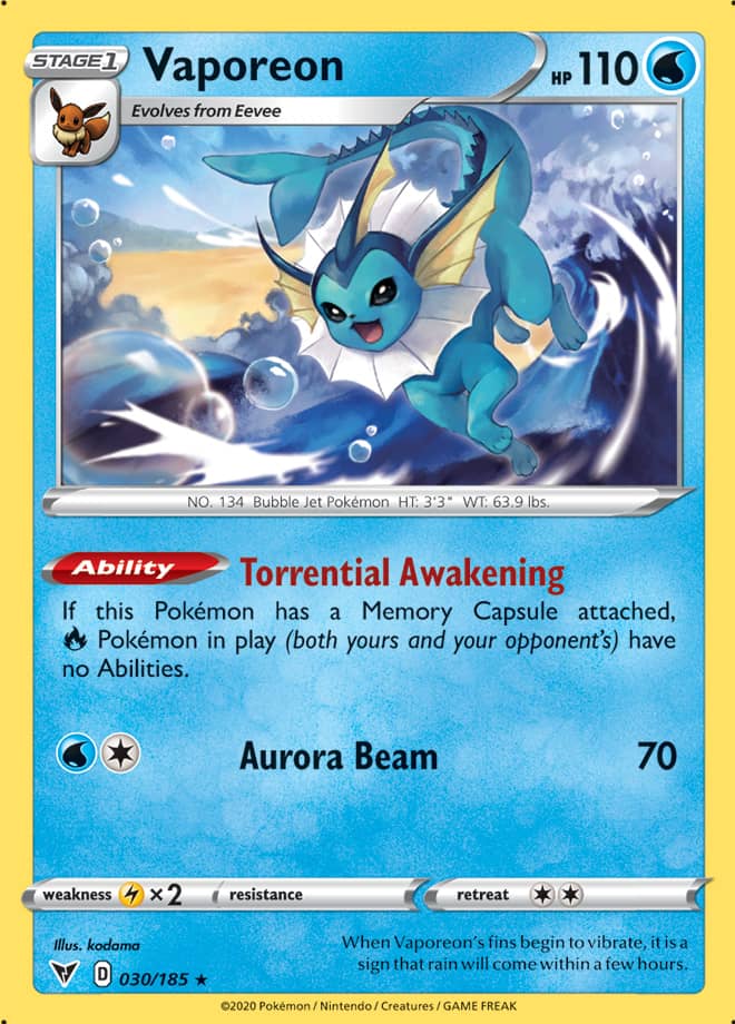 Vaporeon #030/185 Rare Pokemon Card Sword & Shield: Vivid Voltage