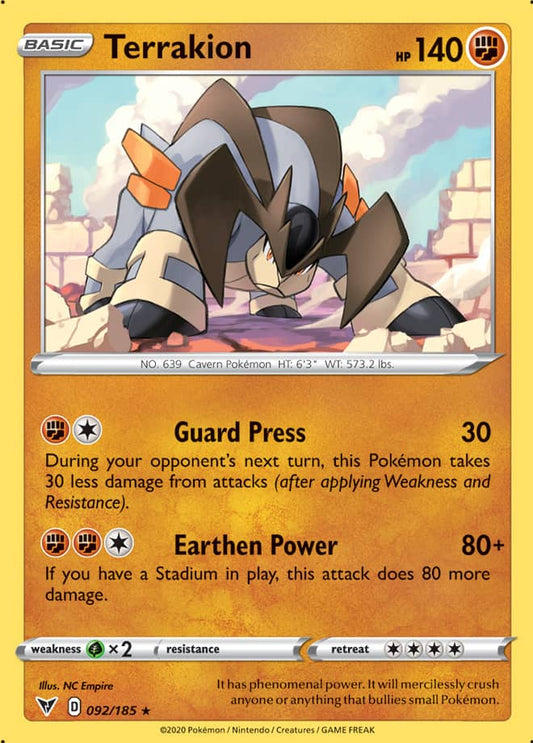 Terrakion Rare Base card #092/185 Pokémon Card Vivid Voltage
