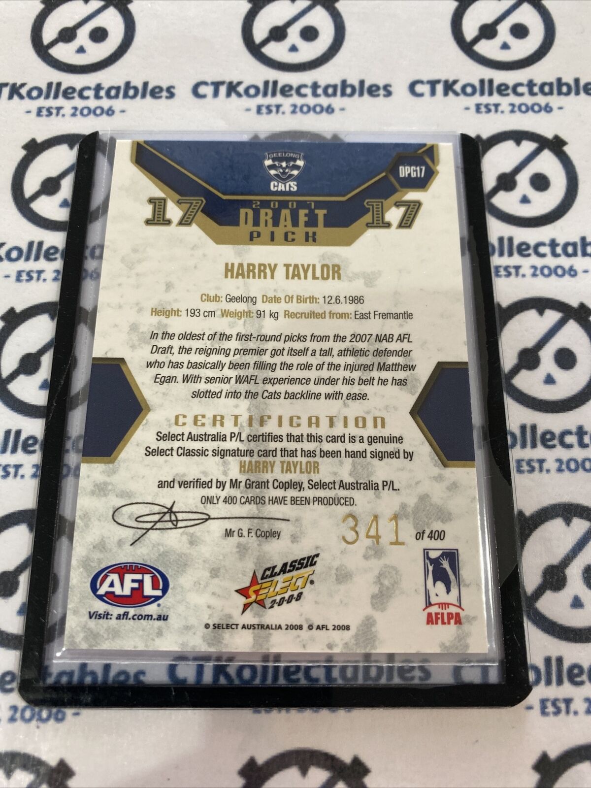 2008 Afl Select Classic Harry Taylor Gold Draft Pick Signature #341/400 DPG17