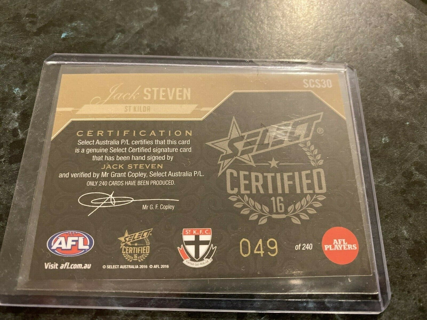 2016 AFL Select Certified Signature Jack Steven #049/240 Saints