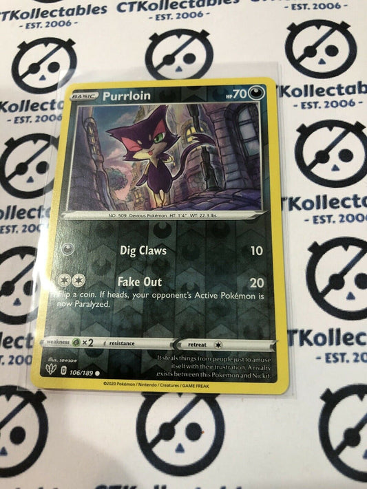 Purrlion #106/189 Reverse Holo Pokémon Card S&S Darkness Ablaze
