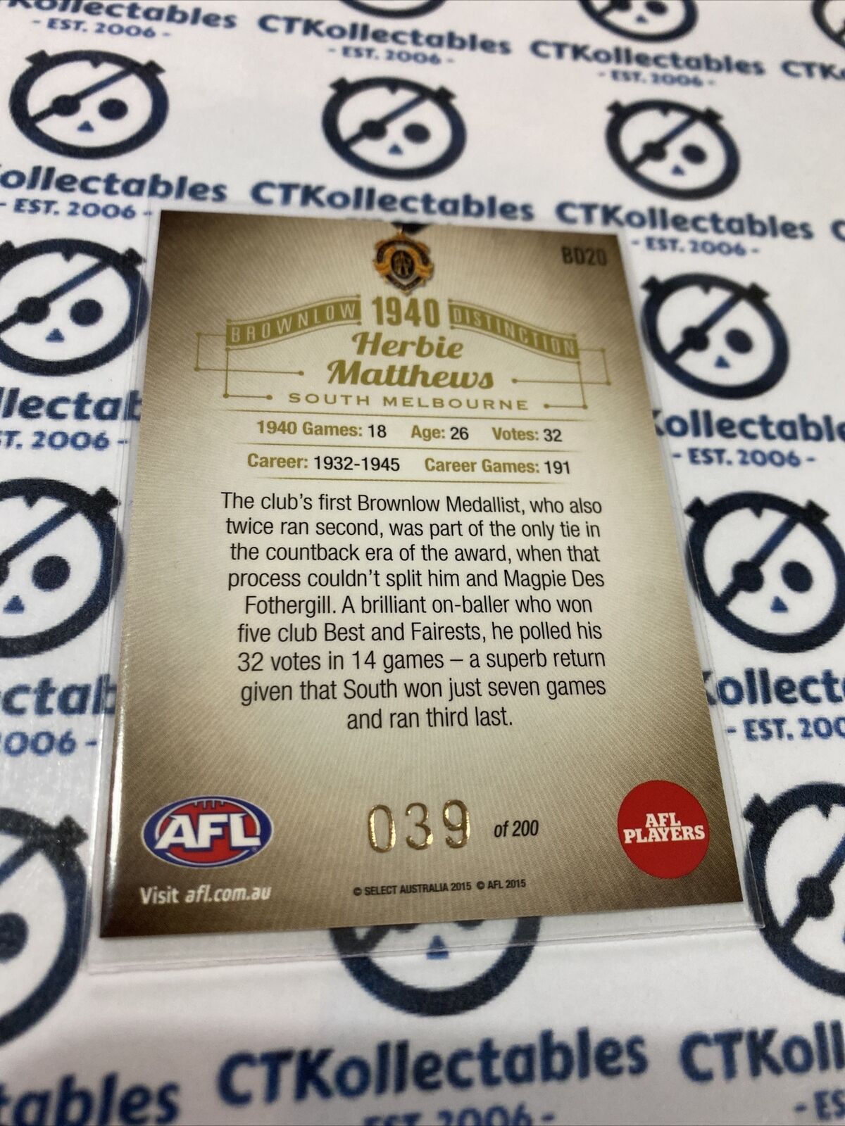 2015 Afl Honours 2 Herbie Matthews Distinction #039/200 South Melbourne