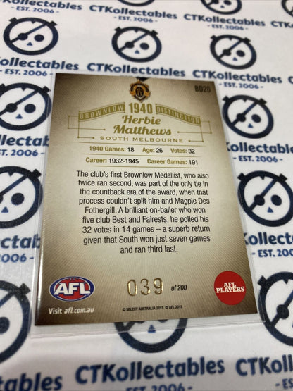2015 Afl Honours 2 Herbie Matthews Distinction #039/200 South Melbourne