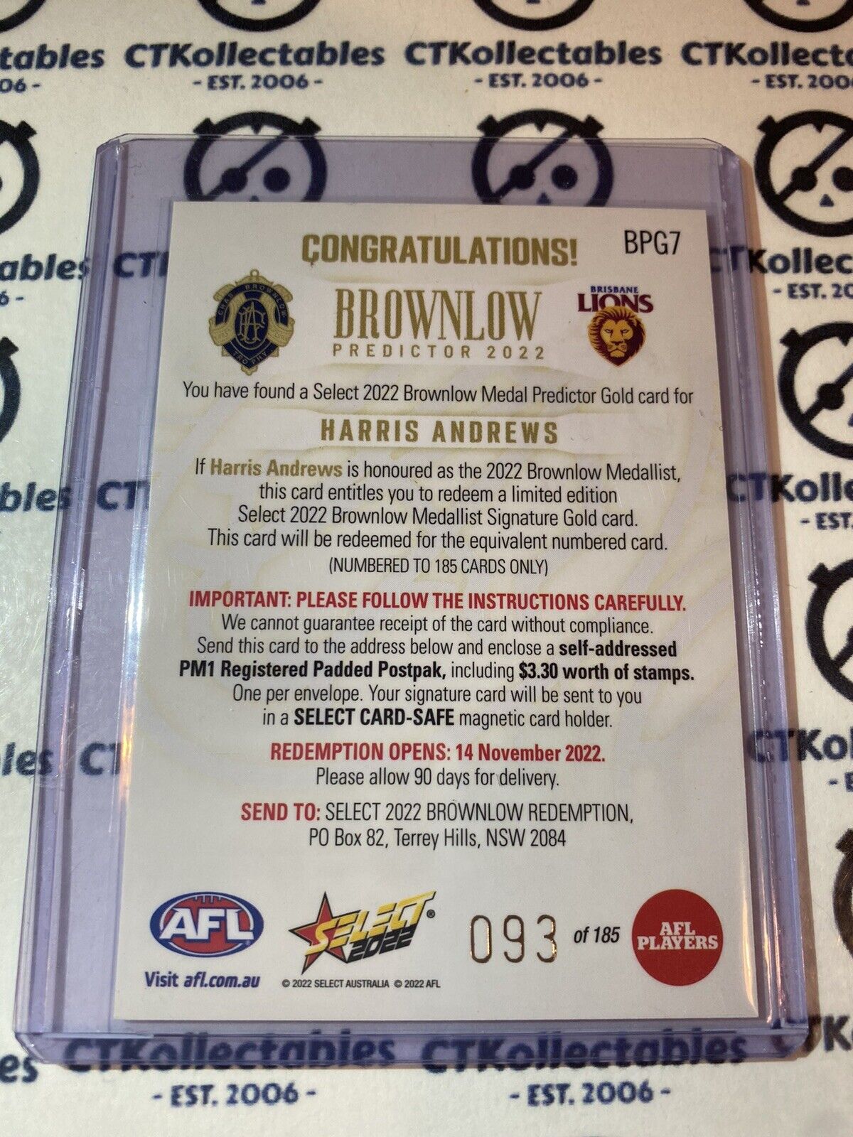 2022 AFL Footy Stars Gold Brownlow Predictor #BPG7 Harris Andrews #093/185